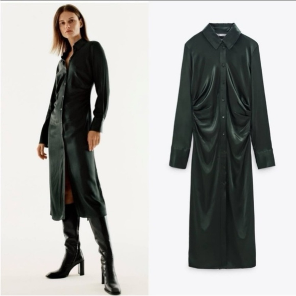 NWT ZARA Ruched Dark Green Olive Midi Satin Dress Size XS